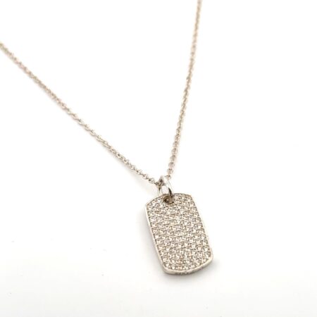 18” 925 Sterling Silver Pave CZ Dog Tag Pendant Necklace 3.1g