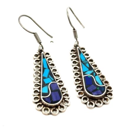 Vtg Sterling Silver SW-ern Mosaic Turquoise & Purple Spiny Oyster Earrings 11.5g