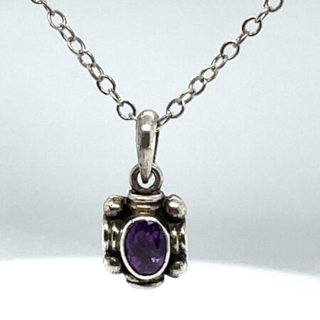 Vintage Sterling Silver 14 Inch Necklace with Amethyst Charm Pendant, 2.9 grams