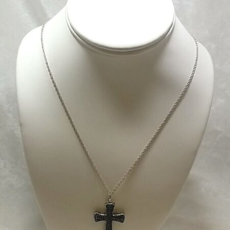 Vintage Sterling Silver 20 Inch Necklace w/ Black Sapphire Cross, 6.9 Grams.