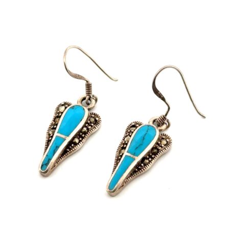 925 Sterling Silver Turquoise & Marcasite Dangle Earrings 4.3g