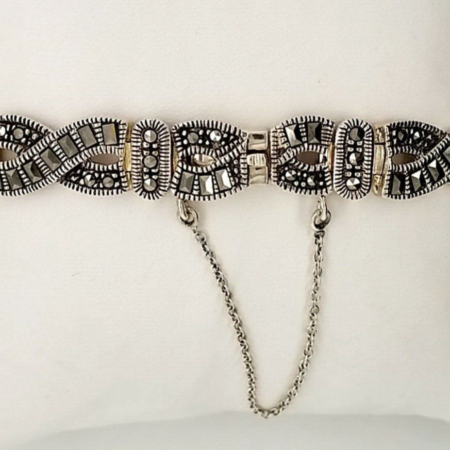 Vintage 925 Sterling Silver Art Deco Marcasite 8 Inch Bracelet, 27.3 Grams