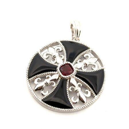 925 Sterling Silver Fleur-De-Lis Maltese Cross Design Onyx & Garnet Pendant 12g