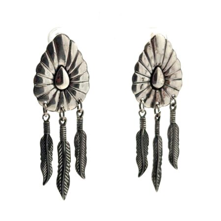 .925 Sterling Silver Concho Feather Drop Earrings, Wheeler Manufacturing, 7.9g