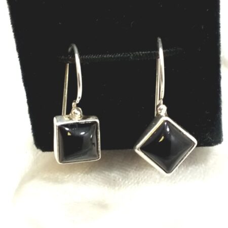 925 Sterling Silver Black Square Onyx Cabochon Pierced Earrings, 3.5 Grams