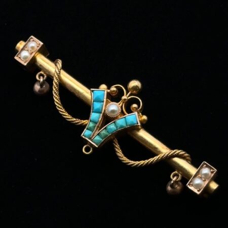 Antique Victorian 14k Yellow Gold Turquoise & Pearl Brooch/Pin, 6.48g