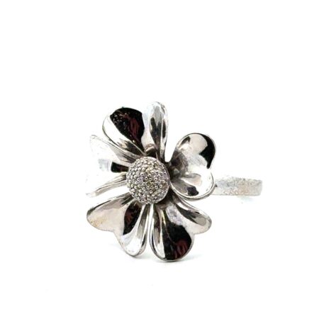Size-8 Affinity Diamond 1/10 TCW. Pavé Sterling Silver Flower Ring, 7.6g