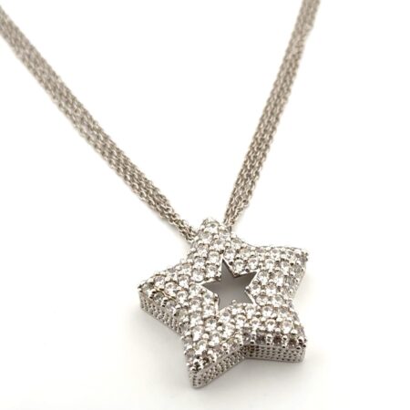 20” PJM 925 Sterling Silver CZ Pave Star Pendant Necklace 16.6g