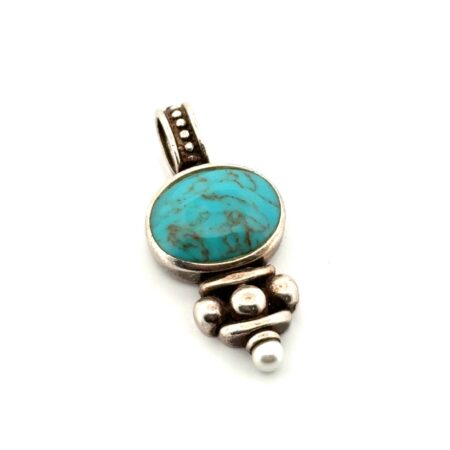 925 Sterling Silver Oval Turquoise & Pearl Pendant 5.5g