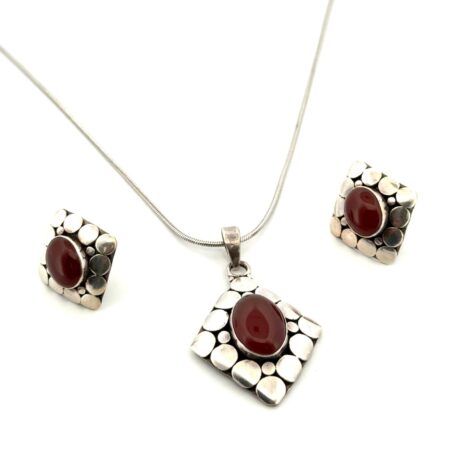 18” 925 Sterling Silver Red Jasper Pendant Necklace & Earrings Set 15.3g