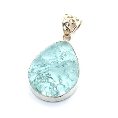 925 Sterling Silver Pear Shaped Blue Cracked Glass Pendant 7.8g
