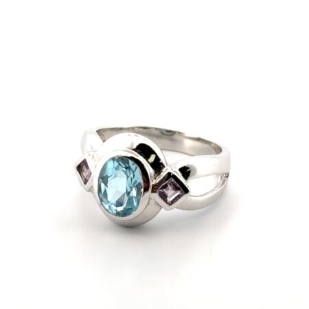 Size: 9.5 Blue Topaz & Amethyst 925 Sterling Silver Ring 6.5g