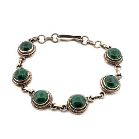 7” Vintage 925 Sterling Silver Green Malachite Link Hook Clasp Bracelet 23.2g