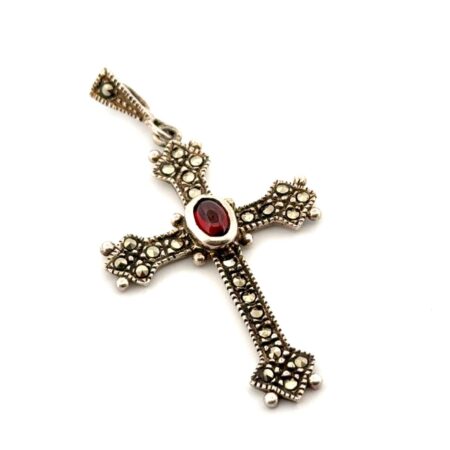 Thailand 925 Sterling Silver Garnet & Marcasite Cross Pendant 4.1g