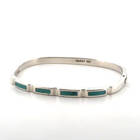 7” Mexico 950 Silver Tuquoise Inlay Hinged Locking Bangle Bracelet 20.9g