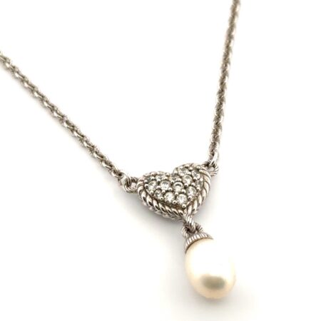 18-20” Adjustable Judith Ripka 925 Sterling Silver Pave CZ & Pearl Drop Necklace