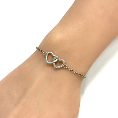 7.5” 925 Sterling Silver Double Heart Cubic Zirconia Bracelet 3.2g