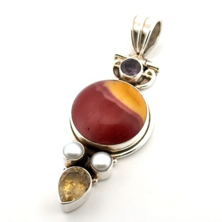 925 Sterling Silver Red Jasper, Pearl, Citrine, & Amethyst Pendant 13.2g