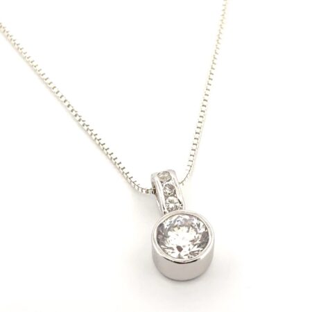 20” FAS 925 Sterling Silver Bezel-Set CZ Solitaire Pendant Box Chain Necklace 6g