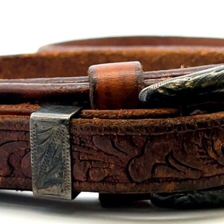 38” Vintage Western Tooled Leather Sterling Silver Buckle Belt