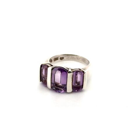 Size: 6 Emerald Cut Triple Amethyst 925 Sterling Silver Ring 5.5g