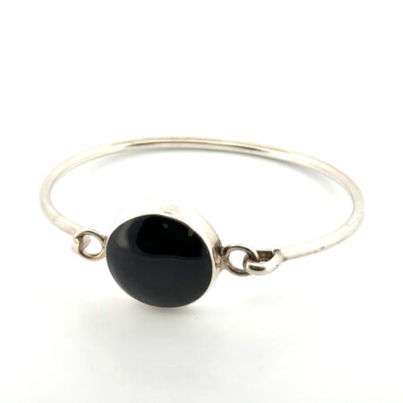 6.75” Mexico 925 Sterling Silver Round Onyx Hinged Bangle Bracelet 17.2g