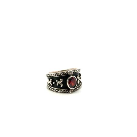 Size-8 .925 Sterling Silver Red Cubic Zirconia Fleur de Lis Scrollwork Ring 7.7g