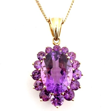 18” Vintage 14k Yellow Gold Large Amethyst Graduated Halo Pendant Necklace 9.33g