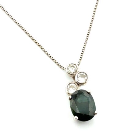 20” Italy 14k White Gold Green Sapphire & Diamond Pendant Box Chain Necklace