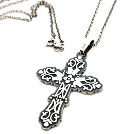 Vintage Mexico 24” Sterling Silver Ornate Embossed Cross Pendant Necklace 12.8g