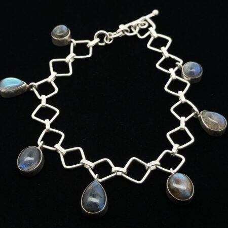 8” 925 Sterling Silver Labradorite Cabochon Charm Bracelet, Toggle Clasp 15.9g
