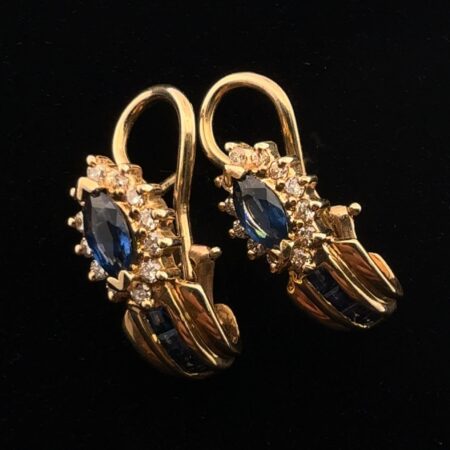 Vintage 14k Yellow Gold Diamond & Sapphire Omega Back Huggie Earrings 5g