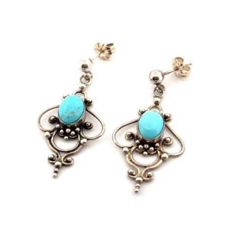 925 Sterling Silver Scroll Style Turquoise Dangle Earrings 4.2g