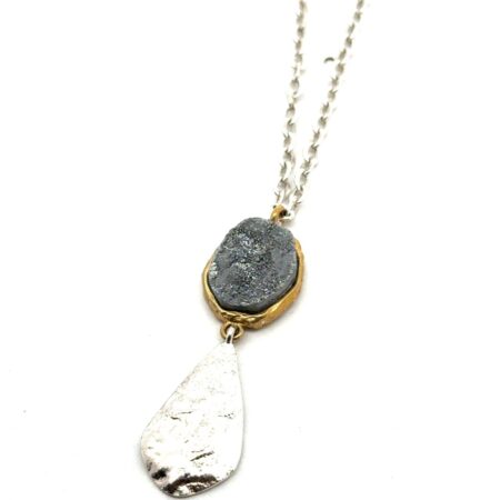 18”-20” Silpada Sterling Silver Teardrop & Brass Druzy Quartz Pendant Necklace