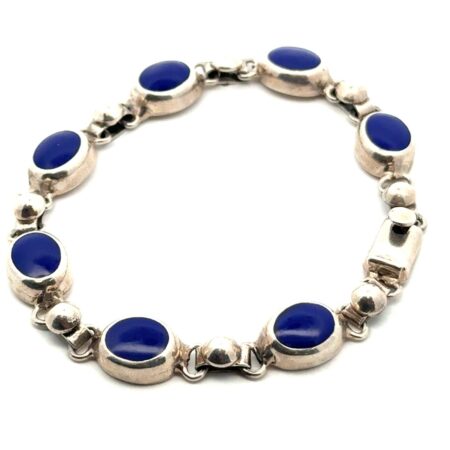 8” 925 Sterling Silver Oval Bezel Set Blue Chalcedony Bracelet, 23.6g