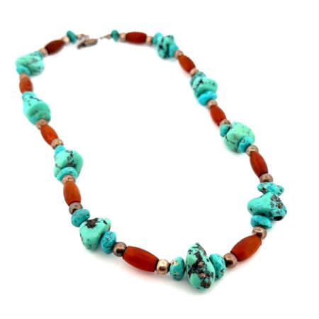18” Vintage Native American Turquoise & Carnelian 925 Sterling Beaded Necklace