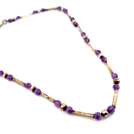 22” Amethyst Beaded & 925 Sterling Silver Bar Bead Necklace 21.6g