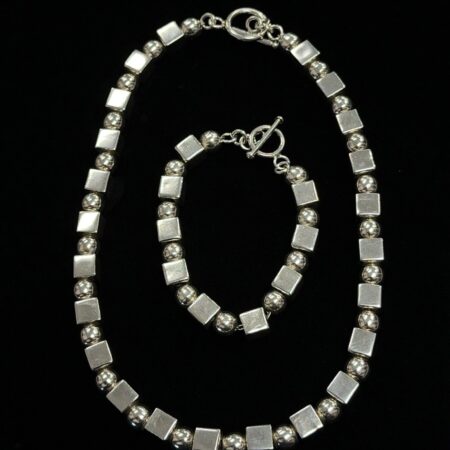 950 Fine Silver Round & Cube Bead 16” Necklace + Matching 7” Bracelet, 131 Grams