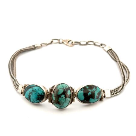 8.5” Triple Bezel-Set Turquoise 925 Sterling Silver Woven Chain Bracelet 15.3g