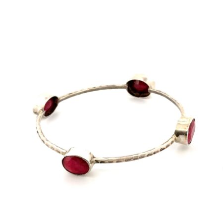 8” Hammered 925 Sterling Silver Bezel-Set Ruby Bangle Bracelet 16.1g