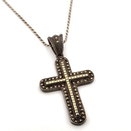 18” Thailand 925 Sterling Silver Large Marcasite Cross Pendant Rope Necklace 19g