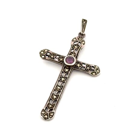 Vintage 925 Sterling Silver Amethyst & Marcasite Cross Pendant 3.8g