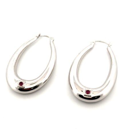 Elle 925 Sterling Silver Elongated Oval Hoop Earrings w/ Ruby 10.1g