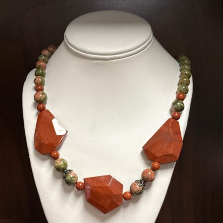 20” Handmade Faceted Carnelian Stones & Green Agate Round Bead Necklace