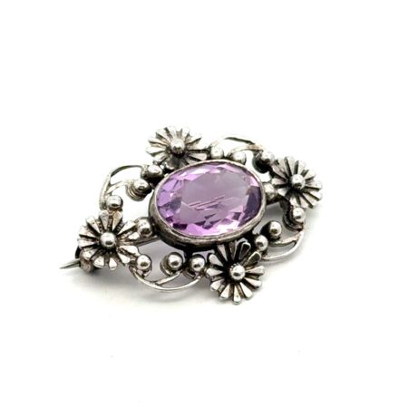 Vintage Sterling Silver Floral Openwork Pattern Amethsyt Brooch/Pin England 5.9g