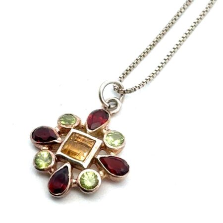 16” Sterling Silver Citrine, Peridot & Garnet Pendant Necklace Box Chain, 3.9g