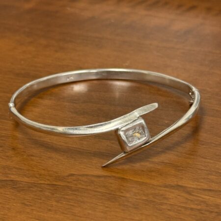 7.25” Sterling Silver CZ Bypass Hinged Bangle Bracelet, 12.9g