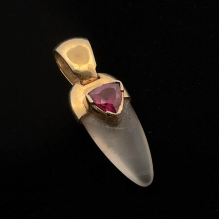 14k Yellow Gold Frosted Quartz & Trillion Cut Ruby Pendant 5.6g