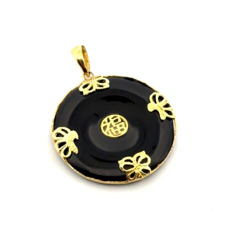 Hong Kong 14k Yellow Gold Black Jade Chinese Character & Butterfly Pendant 3.6g