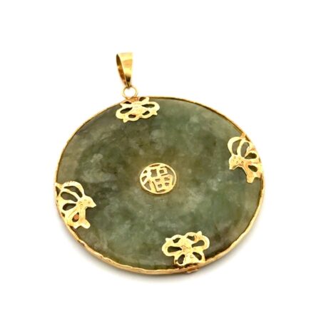 14k Yellow Gold Green Jade Chinese Character & Butterflies Pendant 8.3g